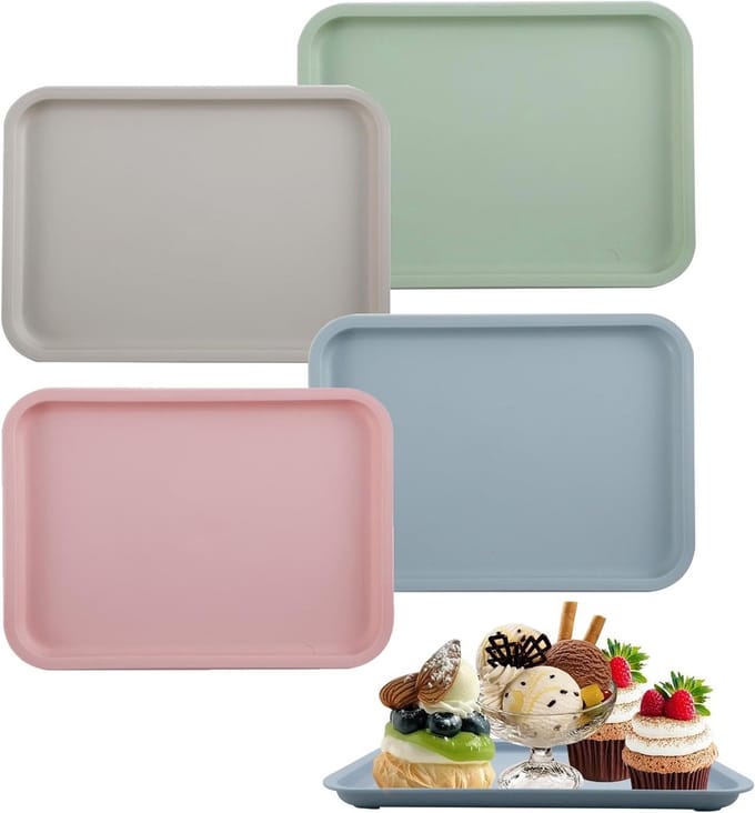 Set van 4 Stuks Plastic Serveerplaten - Antislip Rectangular voor Keuken, Eetkamer en Cafés - 24.5x17.5cm in 4 Kleuren