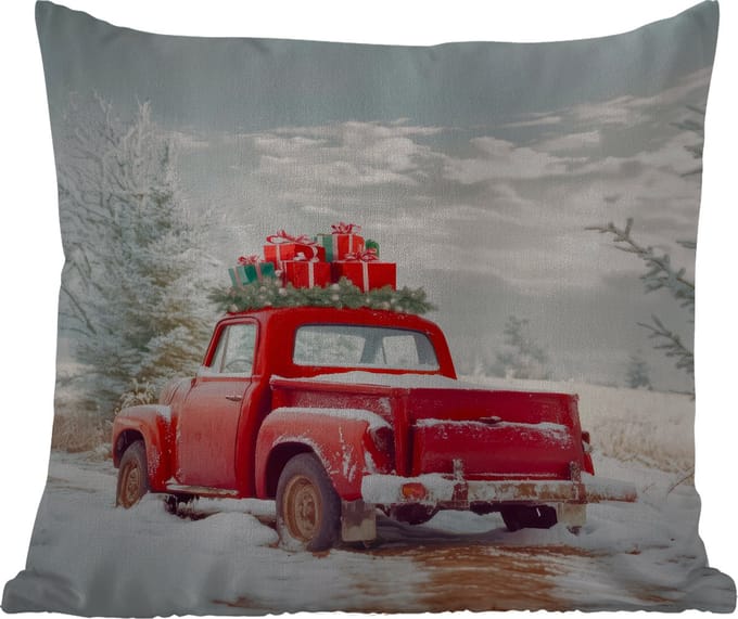 Buitenkussen - Auto - Rood - Cadeaus - Winter - Sneeuw - Kerst - 45x45 cm - Weerbestendig