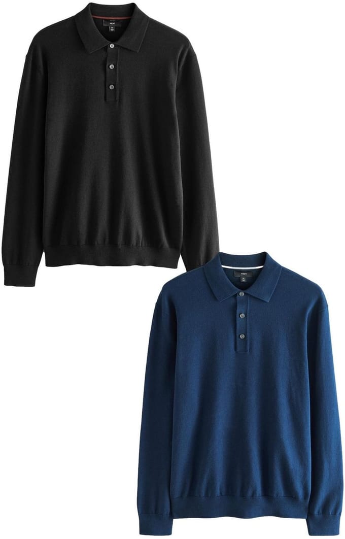 Next - Heren - Gebreide poloshirts met lange mouwen 2 -pack - Blauw