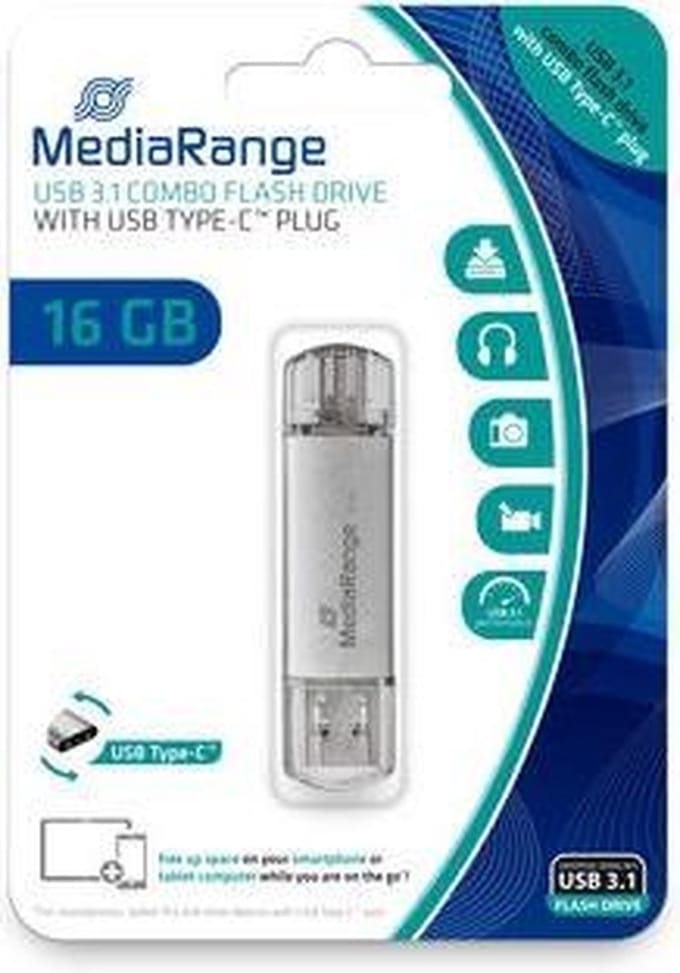 MediaRange USB Stick 16GB | Combo USB 3.2 Gen 1 met USB-A en USB Type-C | Zilver