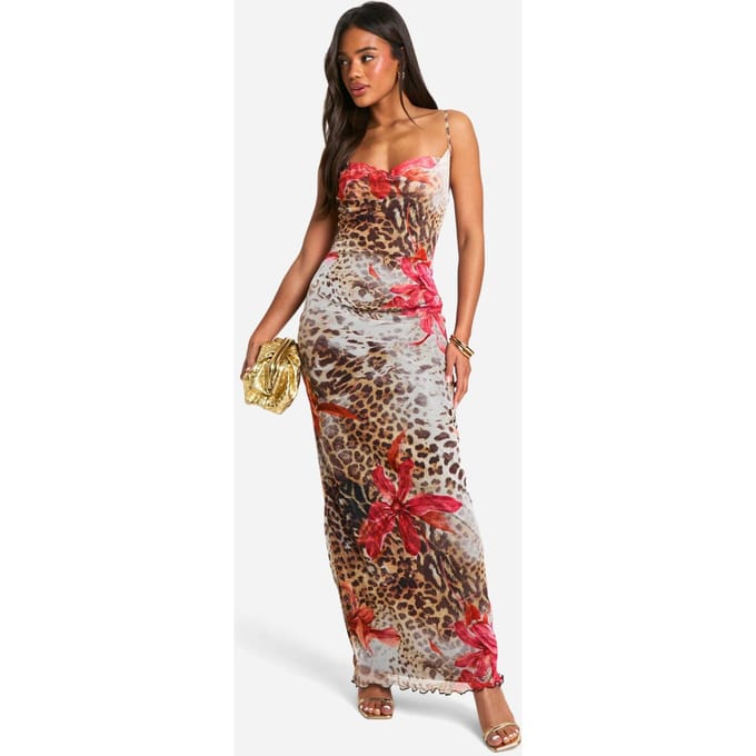 boohoo Dames Mesh Luipaard Bloemen Cowl Maxi | Maat: 36