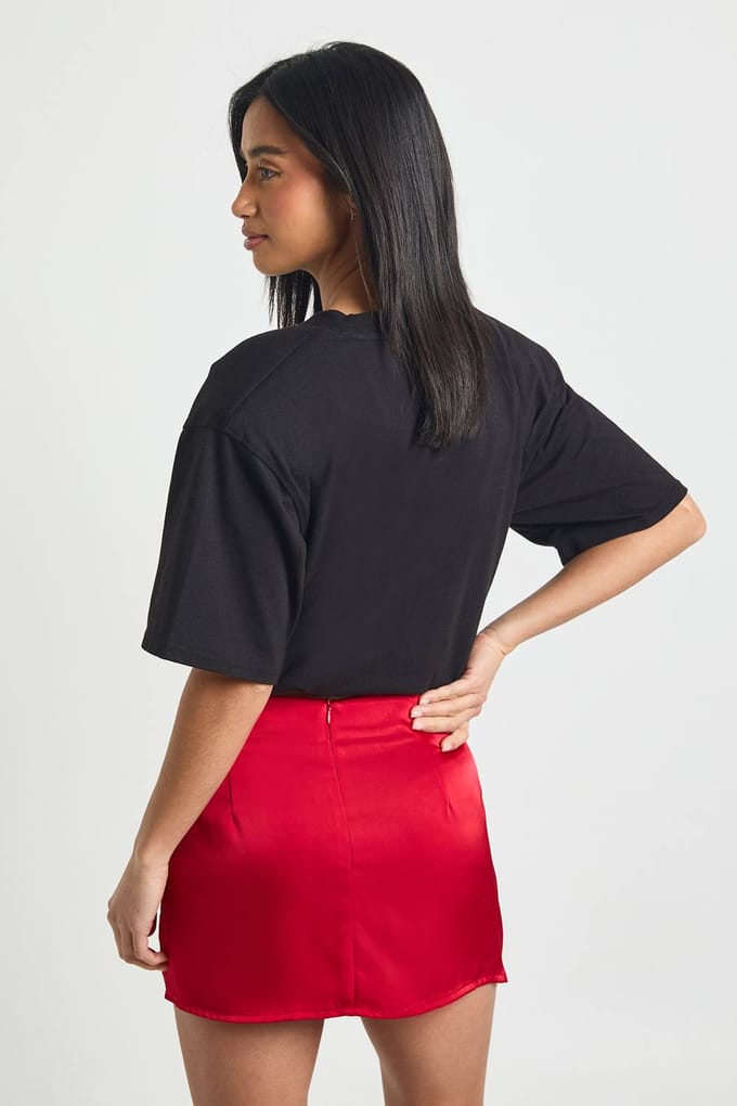 boohoo Dames Petite Kanten Inzet Satijnen Mini Rok | Red | Maat: 8