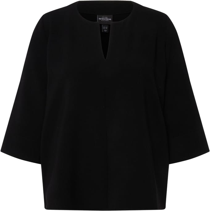 Ulla Popken - Dames - Tuniek acetaat tuniekhals stolpplooi 3/4-mouw - Zwart - Maat 54+