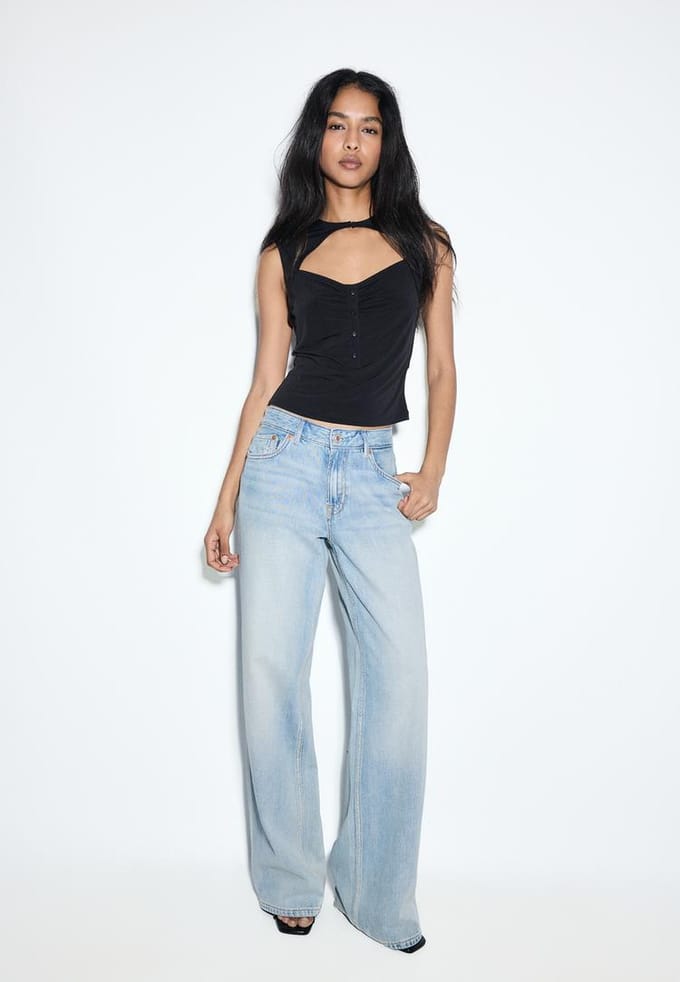 Stradivarius D91 Jeans low-rise wide leg  LICHTE MIDDENBLAUWE DENIM WASSING 36
