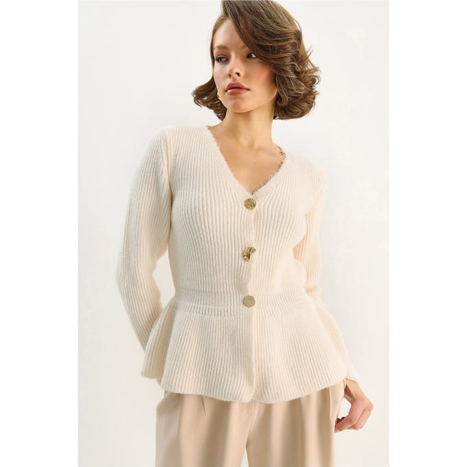 Geribbelde Lange Mouwen V-Hals Cardigan met Knopen