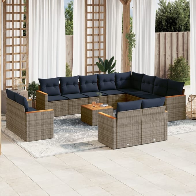 vidaXL - 13-delige - tuinbankset - met - kussens, - grijs - polyrotan
