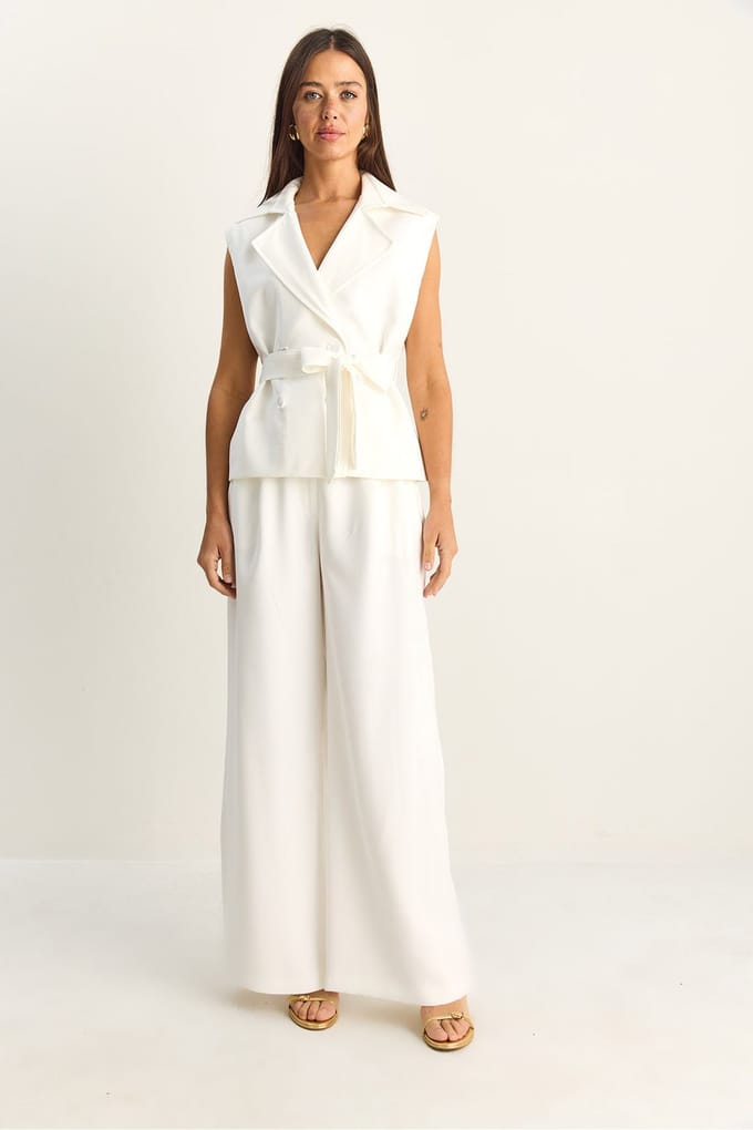 Hoge Taille Wijde Pijpen Co-ord Set met Sjaalkraag