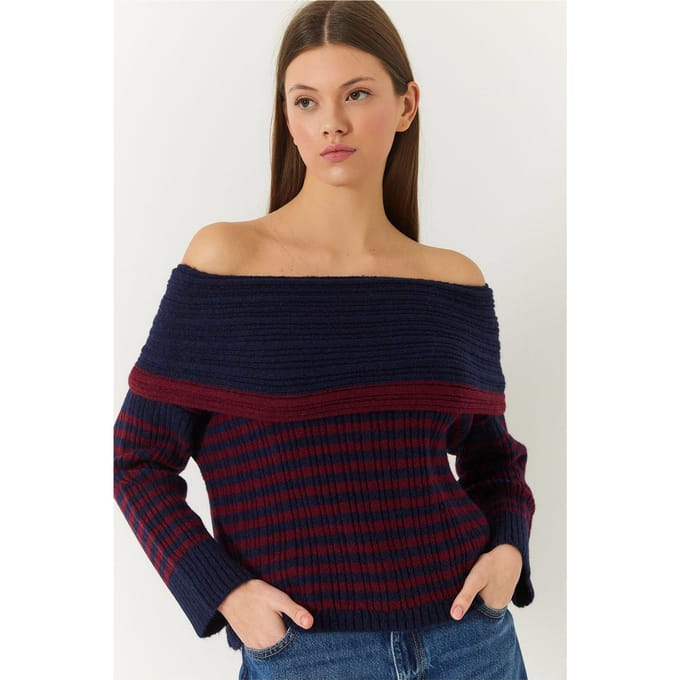 Gestreepte Strapless Brei Sweater