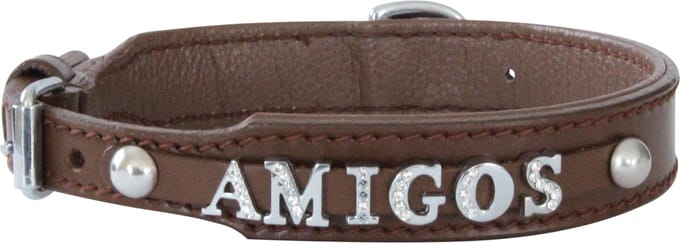 Hondenhalsband met naam van de hond - leder - bruin - maat 65 cm