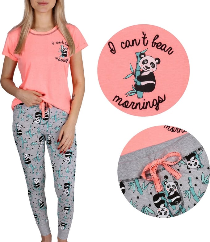 Pyjama voor dames grijs en oranje, lange broek Panda