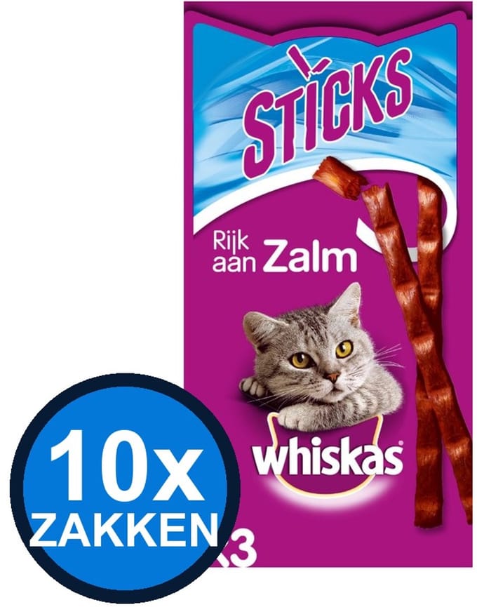 10x Whiskas - Catsticks Zalm - Kattenvoer Snacks - 18 g