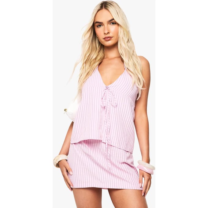boohoo Dames Haltertop met textuur en strepen | Pastel Pink | Maat: 10