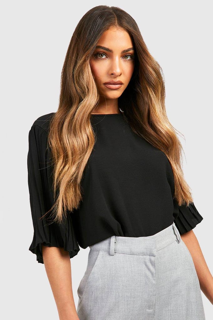 boohoo Dames Pleat Sleeve Woven Blouse | Zwart | Maat: 42