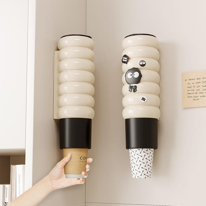Wegwerpbeker Dispenser, Wandmontage Zonder Boren, Stofdichte Plastic Papierbeker Houder Organizer, 2 pakken wit/beige