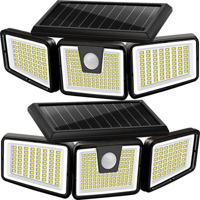 Solarverlichting voor Buiten met Bewegingssensor - Draadloze LED Wandlampen met IP65-waterdicht, 3 Verstelbare Koppen, 2-pack