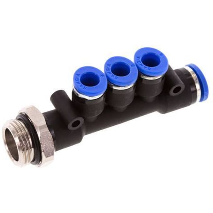 6mm x 8mm x G3/8'' 3-way Manifold Messing/PA 66 Insteekfitting Buitendraad Draaibaar NBR