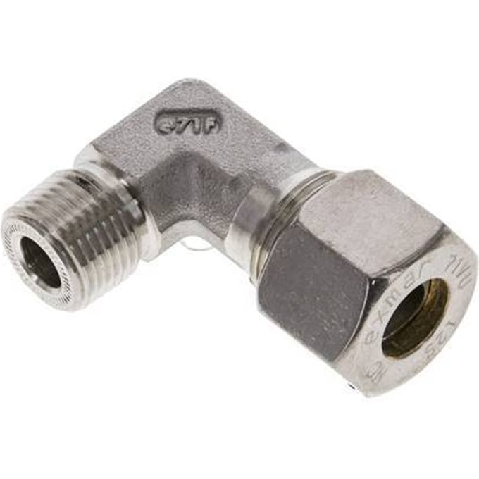 3/8'' NPT Buitendraad x 12S RVS L-Knelfitting 90 graden 630 Bar DIN 2353 - FL2E-MO-ST-038N-12-S