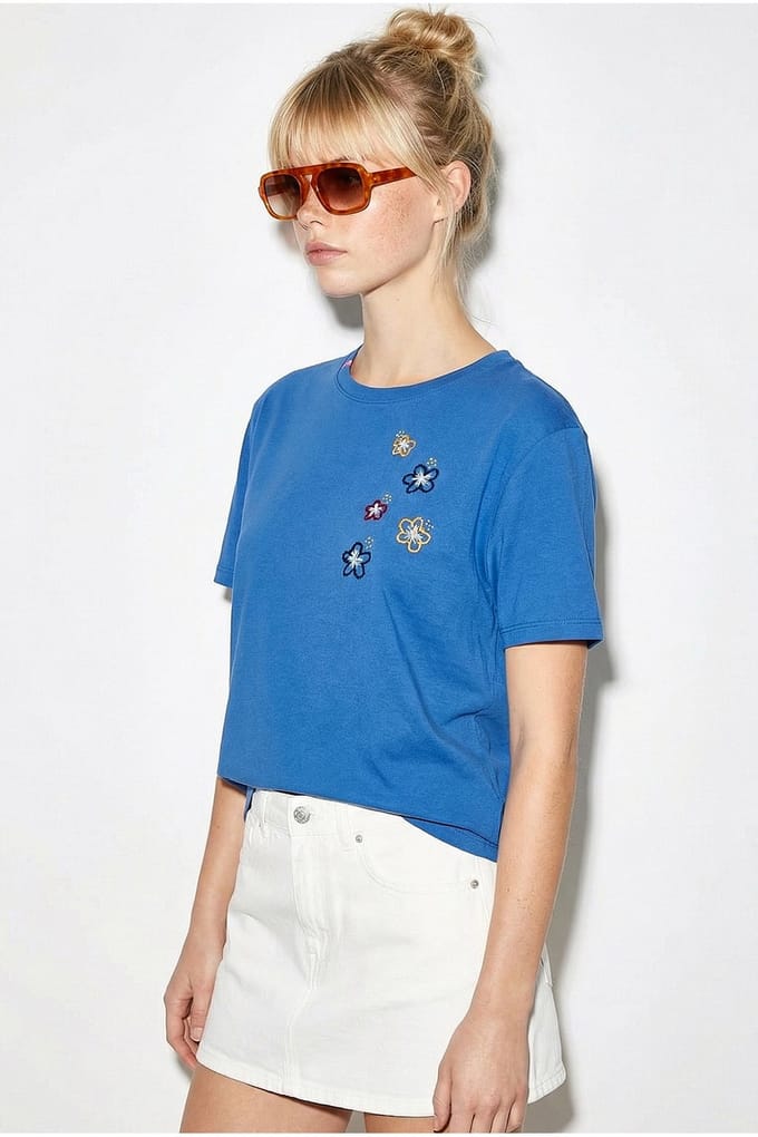 Bloemig Geborduurd Crew Neck T-Shirt