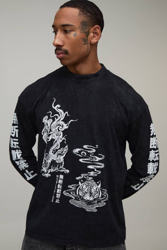 Oversized Tijgerprint Gewassen Shirt Met Lange Mouwen | Washed Black | Size XL