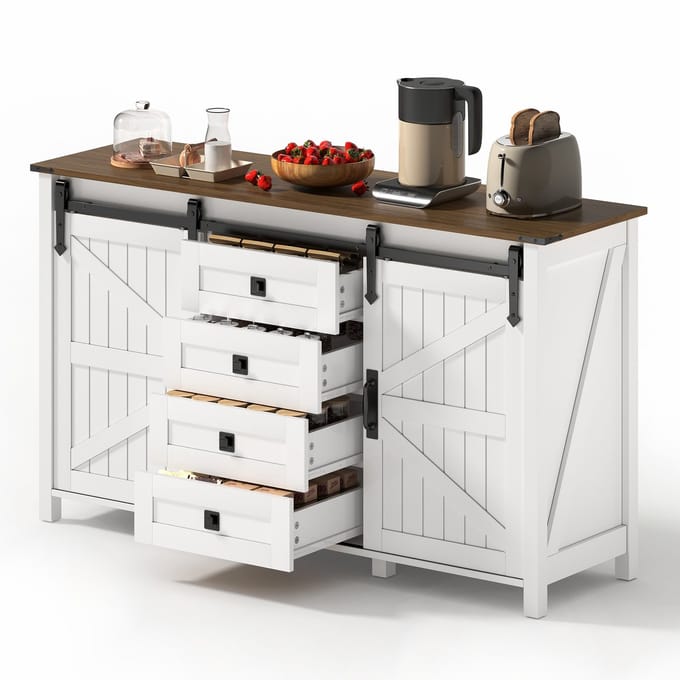 Keukenbuffet Dressoir - MDF Hout met 4 Laden en 2 Schuifdeuren - Wit