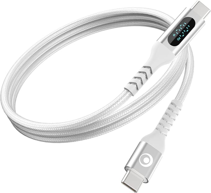 Bigben Connected, USB-C naar USB-C Kabel 100W PD - Digitaal LED-Scherm - Snellader - 1.2m, Wit