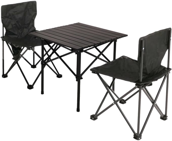 Camping set MCW-N50, tafel 2x stoel inklapbaar hengelaar, metaal ~ zwart