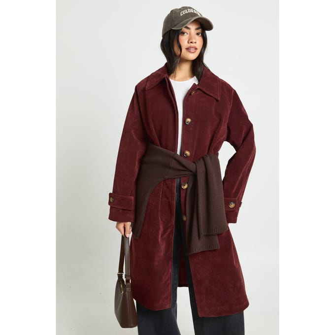 boohoo Dames Faux Suede Collared Longline Jacket | Wine | Maat: 8