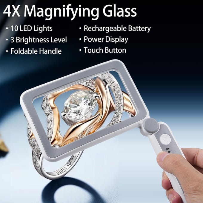 Handheld vergrootglas 4x vergrootglas voor het lezen van volledige boekpagina's, rechthoekig vergrootglas zwart witte kleur