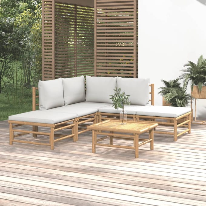 vidaXL - 6-delige - Loungeset - met - kussens - bamboe - lichtgrijs