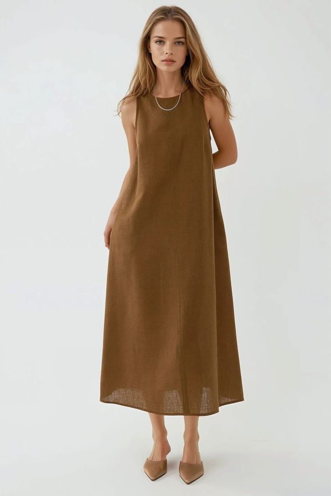 Linnen Voel Mouwloze Crew Neck Midi Jurk