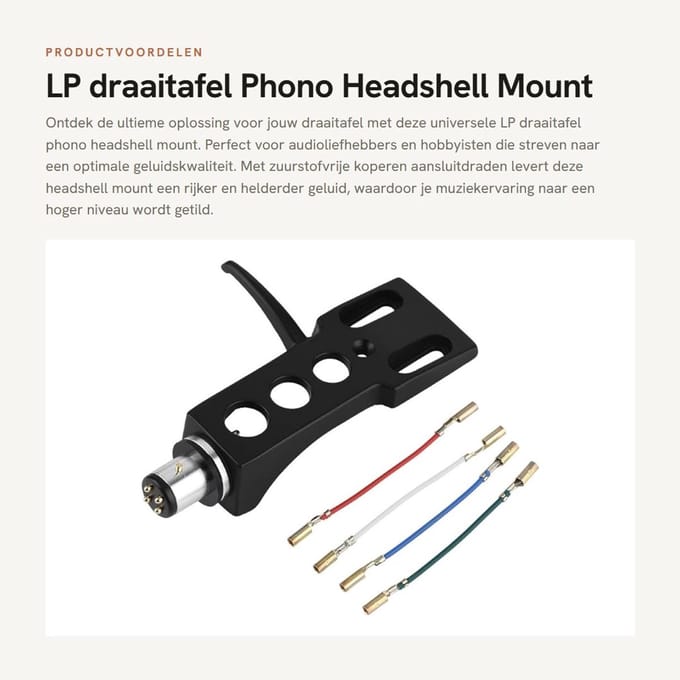 Dailygoods- Headshell Universele Phono Mount - Zuurstofvrij Koper - Kleurgecodeerde Aansluitdraden - Draaitafel Accessoire - 6,3 cm Lengte - 4 Aansluitdraden