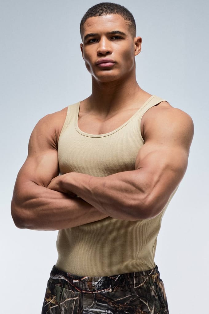 Heren Actief Gym Muscle Fit Geribbeld Hemd | Light Khaki | Size Large