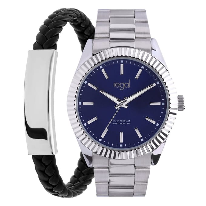 Lucardi Heren REGAL HEREN CADEAUSET BLAU WP - Horloge - Staal - -
