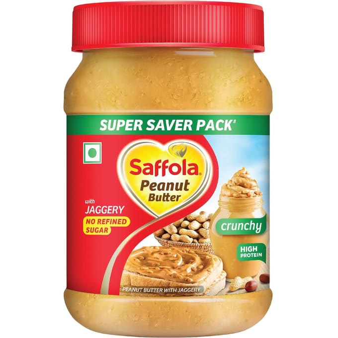 Saffola Beurre de Cacahuète avec Jaggery, Croquant 850 g | Beurre de Cacahuète Riche en Protéines | Sans Sucre Raffiné beige