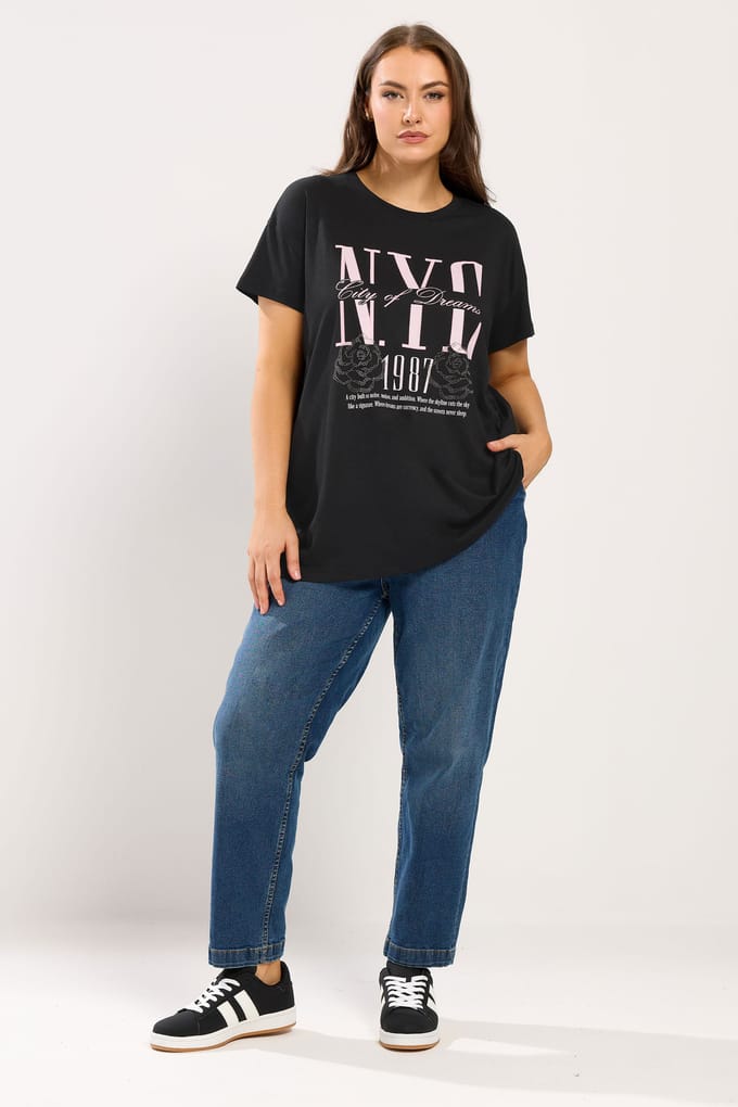 Yours Zwart 'Nyc' Tshirt Met Roos Size 50-52