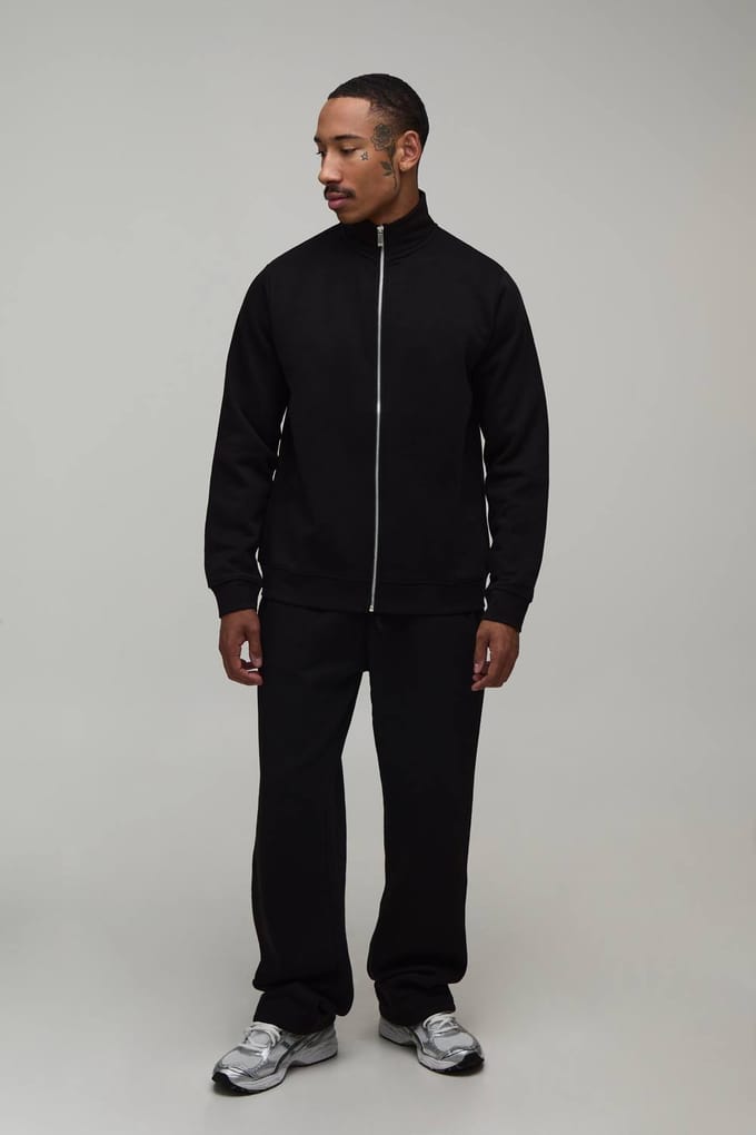 Regular Funnel Neck Sweatshirt Met Rits En Rechte Pijp Joggingbroek | Black | Size Large