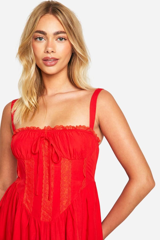 boohoo Dames Kanten Corset Smock Jurk | Rood | Maat: 36