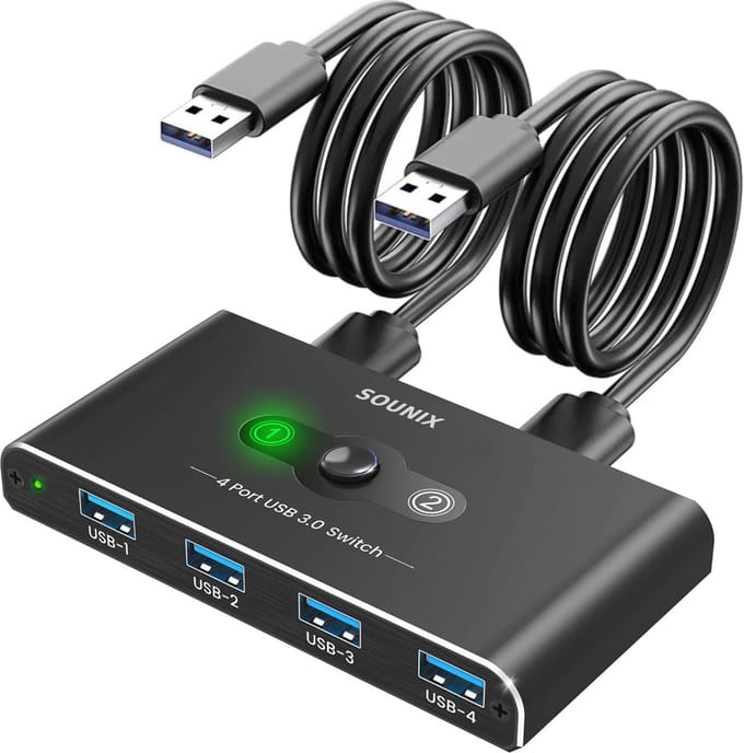 Sounix USB 3.0 Switch - KVM-Switch - 2 PC's delen 4 x USB 3.0 poorten - Aluminum - USB 3.0 Switch 4 USB Apparaten aansluiten op 2 Computers/Laptops KVM Switch - Zwart
