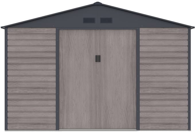 Vente-unique Tuinhuisje van gegalvaniseerd staal met grijs houteffect 13,12 m² - ADELMO