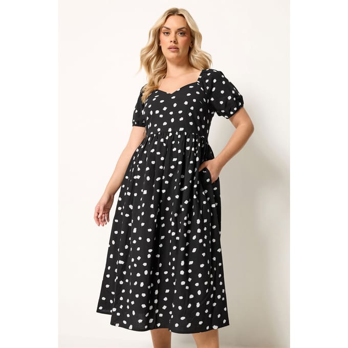 Yours Zwarte Linnen Jurk Met Stippen En Pofmouwen Size 50-52