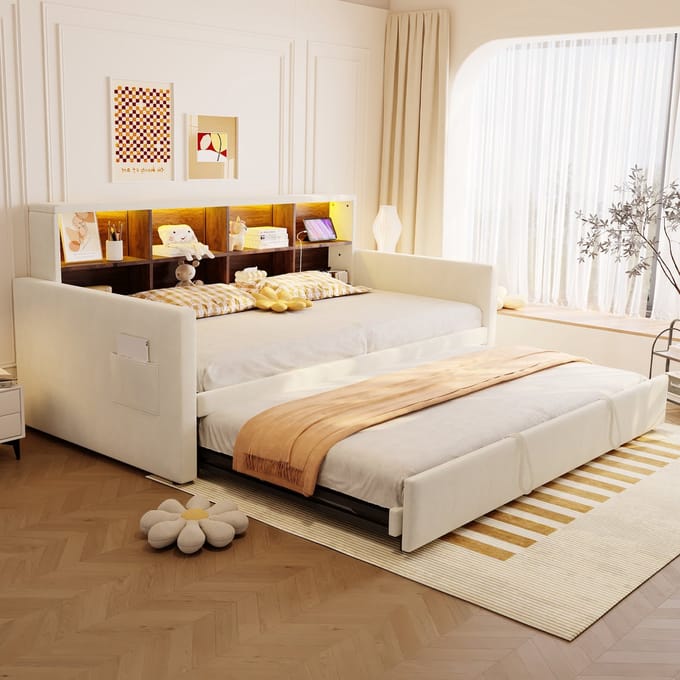 MODFU Bedframe 90x190 cm, velvet beige, met opberghoofdbord en uitschuifbaar onderbed