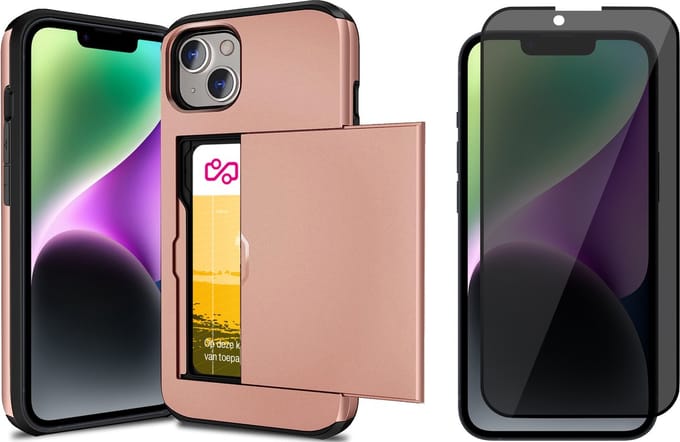 Hoesje met Pasjeshouder geschikt voor iPhone 15 Plus - Privacy Screen Protector FullGuard - Back Cover SlideCase Roségoud & Screenprotector