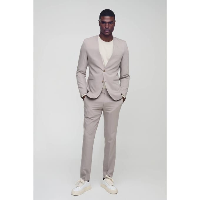 Skinny Fit Collarless Single Breasted Blazer | Stone | Size 48