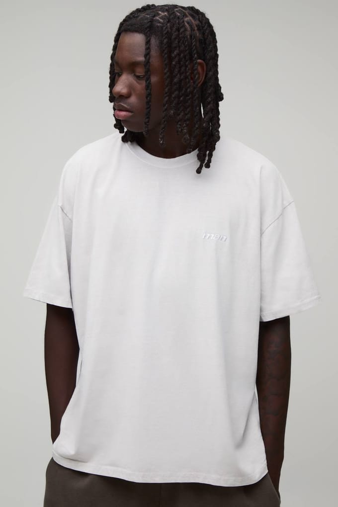 Oversized Heren Sport Geborduurd Gewassen T-shirt | Light Grey | Size Small