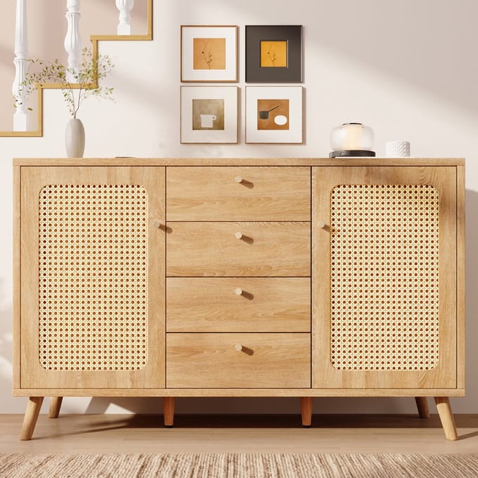 MODFU Opbergkast 140x40x86 cm van MDF/Spaanplaat, met 4 laden en 2 deuren, licht eiken