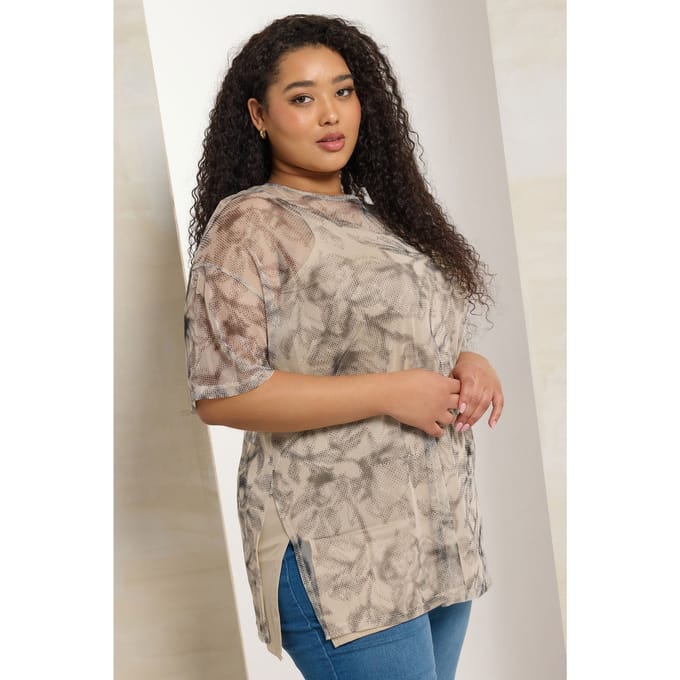 Yours Naturelbruine Oversized Mesh Top Met Bladprint Size 50-52