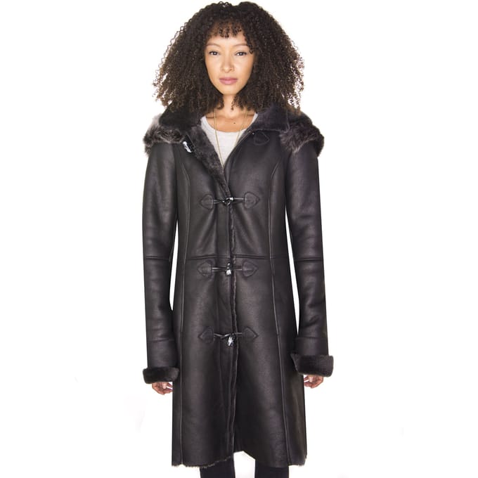 Dames zwarte schapenvacht duffelcoat met capuchon-Ottawa