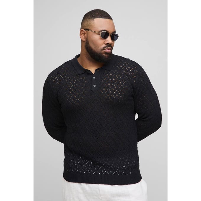 Plus oversized gehaakte poloshirt met lange mouwen | Black | Size 2XL