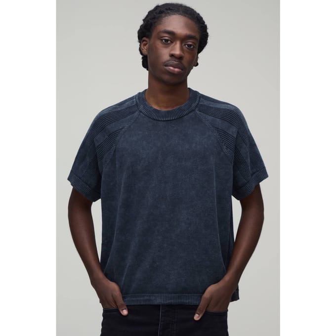 Boxy Fit Acid Wash Geribbeld Gebreid T-shirt | Charcoal | Size Medium