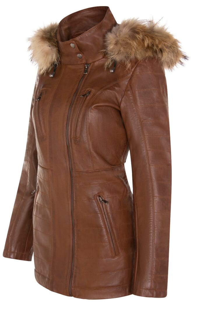 Dames slim fit leren parka-jas met capuchon-Northam